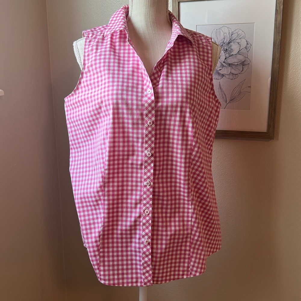 Talbots No Iron Pink Gingham Sleeveless Button Down Top